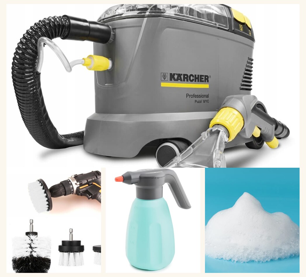 Комплект для химчистки: Karcher Puzzi, шуруповёрт со щётками, опрыскиватель, пеногаситель